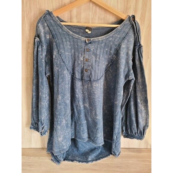 Free People Blue Cotton Top Puff Sleeve Bib Blouse Distressed Wash We The Free - Picture 1 of 9
